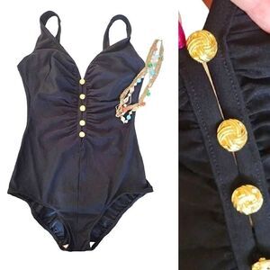 Vintage Black Gold Buttons Cut Outs One Piece Swimsuit Size 14 *fits like Med